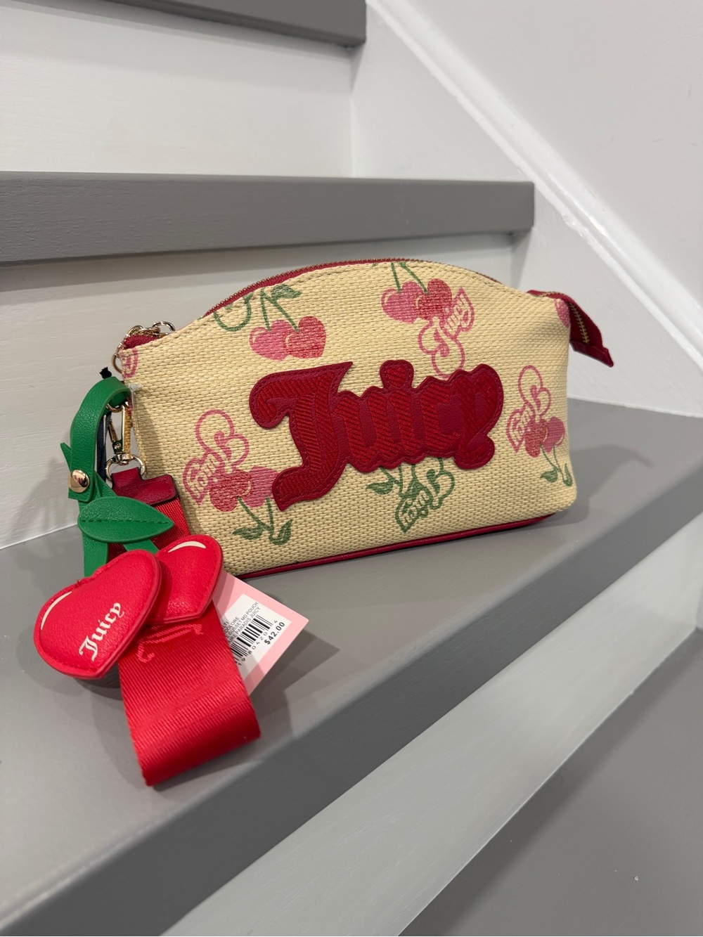 Juicy Couture Cream Cherry Print Cosmetic Pouch with Red Logo